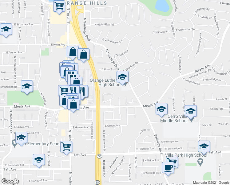 map of restaurants, bars, coffee shops, grocery stores, and more near 2174 N Pami Cir in Orange
