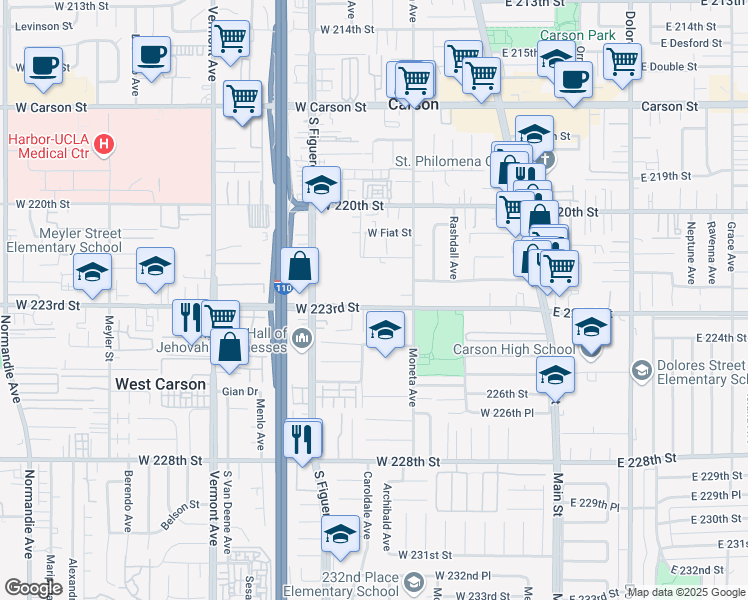map of restaurants, bars, coffee shops, grocery stores, and more near 409 West 223rd Street in Carson