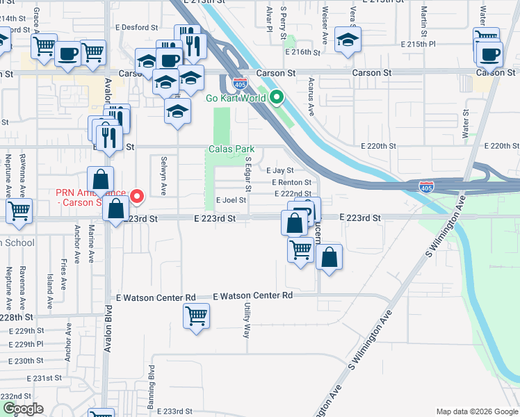 map of restaurants, bars, coffee shops, grocery stores, and more near 1118 East Joel Street in Carson
