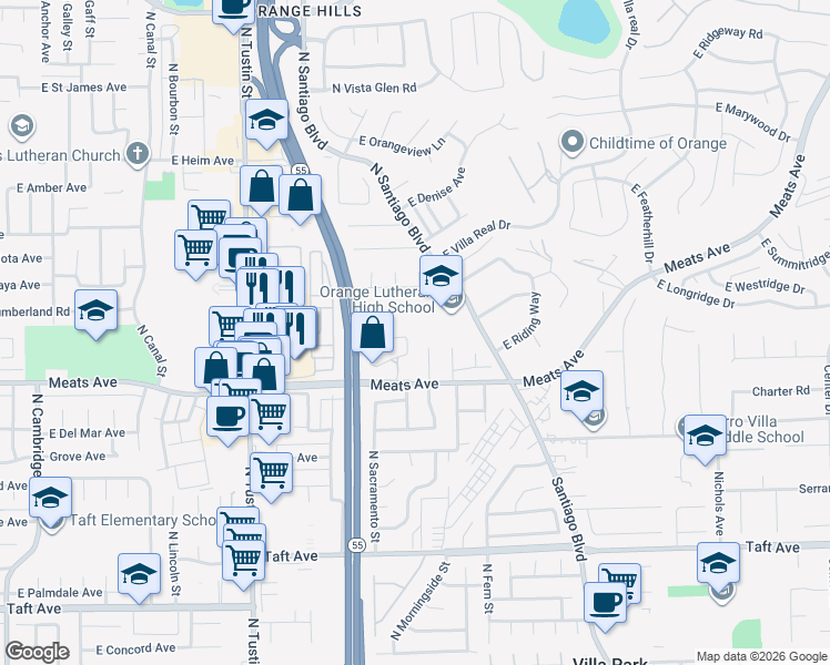 map of restaurants, bars, coffee shops, grocery stores, and more near 2174 North Pami Circle in Orange