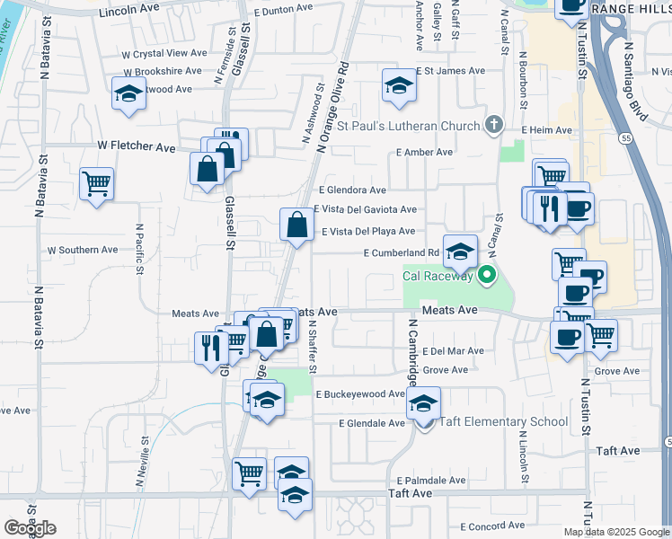 map of restaurants, bars, coffee shops, grocery stores, and more near 616 East Cumberland Road in Orange