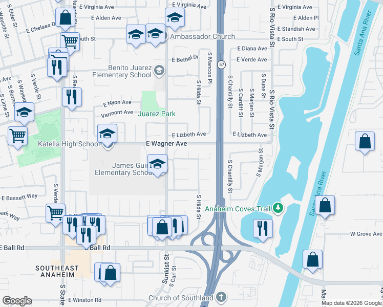 map of restaurants, bars, coffee shops, grocery stores, and more near 985 South Siet Place in Anaheim