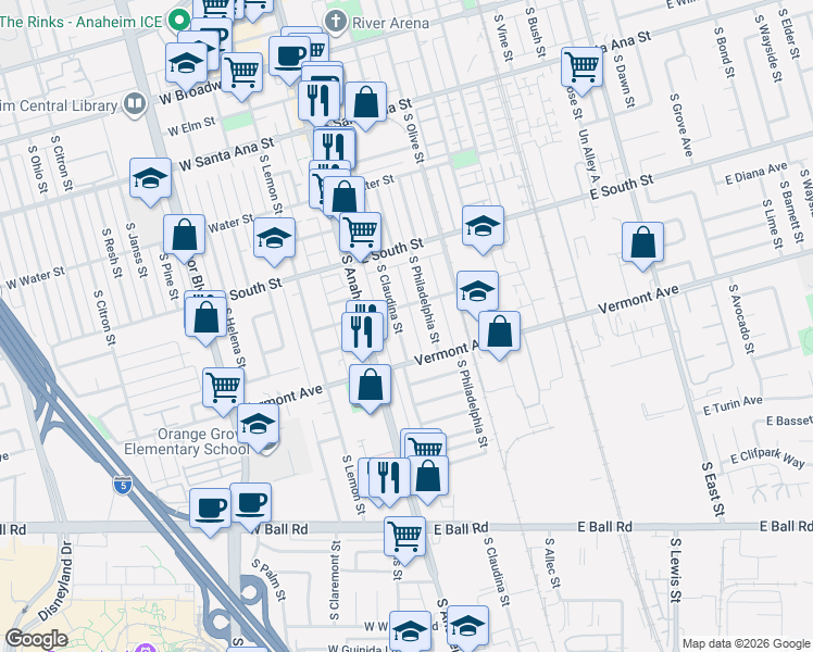 map of restaurants, bars, coffee shops, grocery stores, and more near 858 1/2 South Claudina Street in Anaheim