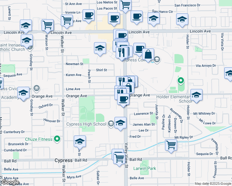 map of restaurants, bars, coffee shops, grocery stores, and more near 5952 Lime Avenue in Cypress