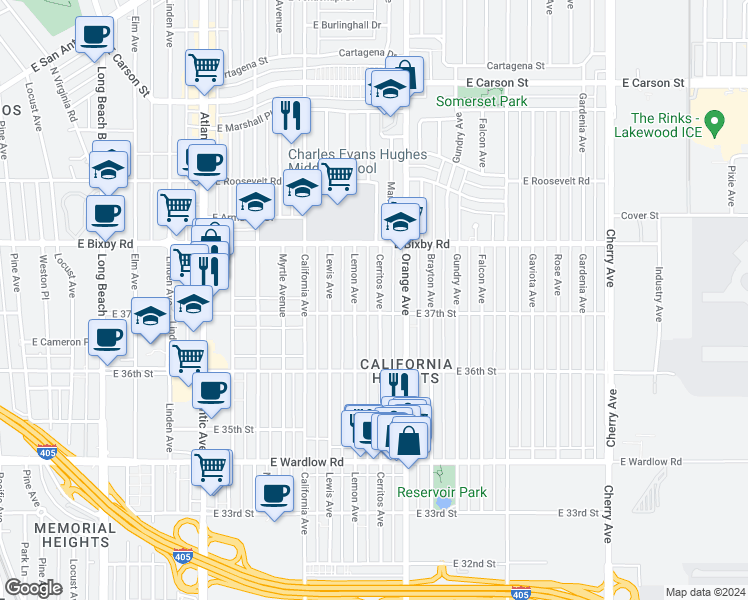 map of restaurants, bars, coffee shops, grocery stores, and more near 3721 Cerritos Avenue in Long Beach