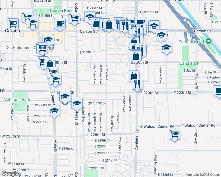 map of restaurants, bars, coffee shops, grocery stores, and more near 22222 Grace Avenue in Carson