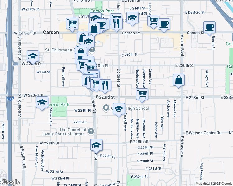 map of restaurants, bars, coffee shops, grocery stores, and more near 22212 Dolores Street in Carson