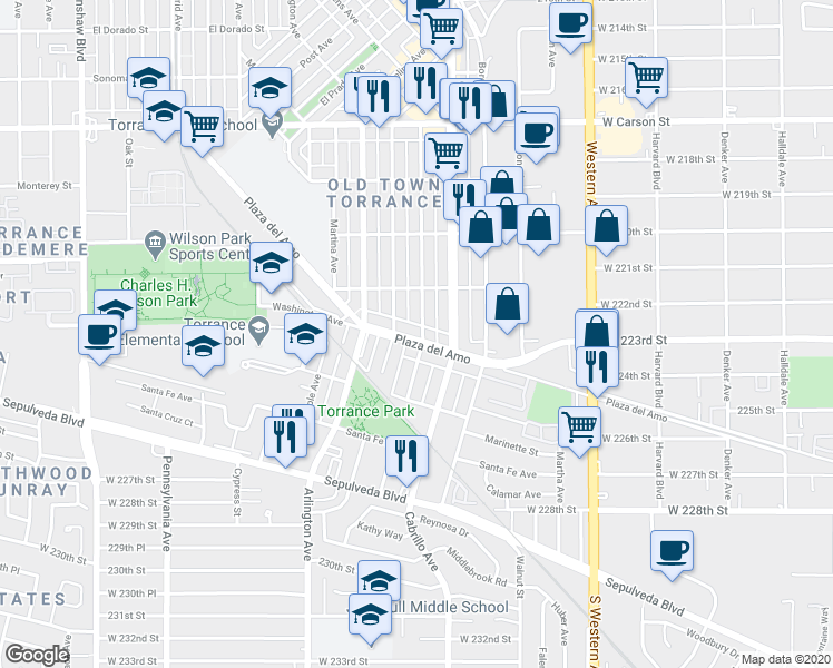 map of restaurants, bars, coffee shops, grocery stores, and more near 2309 Andreo Avenue in Torrance