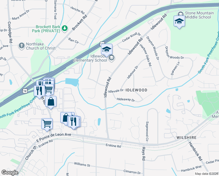 map of restaurants, bars, coffee shops, grocery stores, and more near 4056 Idlevale Drive in Tucker