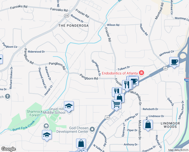 map of restaurants, bars, coffee shops, grocery stores, and more near 2942 Pangborn Road in Decatur
