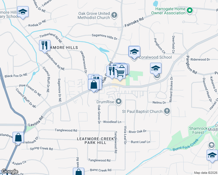 map of restaurants, bars, coffee shops, grocery stores, and more near 2458 Oak Grove Vista in Decatur