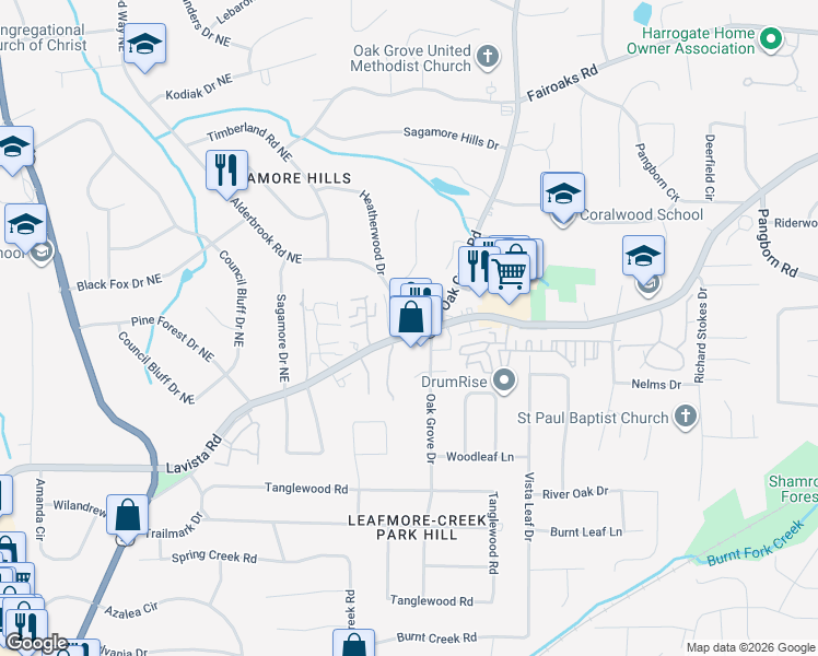 map of restaurants, bars, coffee shops, grocery stores, and more near 1500 Davis Oaks Way in Decatur