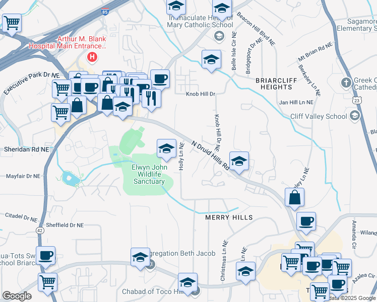 map of restaurants, bars, coffee shops, grocery stores, and more near 1512 Woodbridge Way Northeast in Atlanta