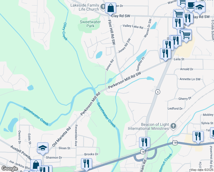 map of restaurants, bars, coffee shops, grocery stores, and more near 2334 Perkerson Mill Road Southwest in Austell