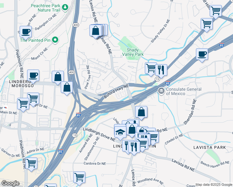 map of restaurants, bars, coffee shops, grocery stores, and more near 2572 Buford Highway Connector Northeast in Atlanta