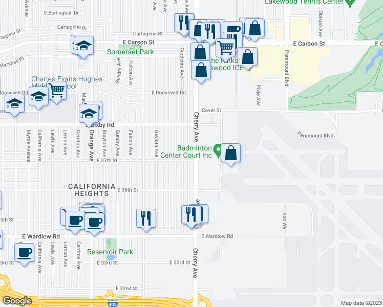 map of restaurants, bars, coffee shops, grocery stores, and more near 3711 Cherry Avenue in Long Beach