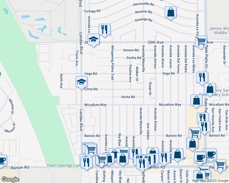 map of restaurants, bars, coffee shops, grocery stores, and more near 68255 Corta Road in Cathedral City