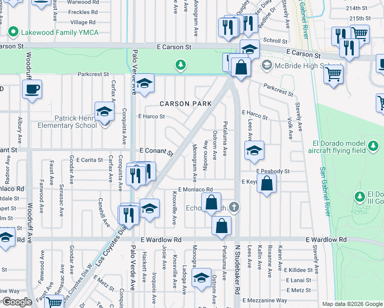 map of restaurants, bars, coffee shops, grocery stores, and more near 3722 Monogram Avenue in Long Beach