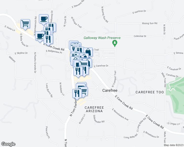 map of restaurants, bars, coffee shops, grocery stores, and more near 8 East Sundial Circle in Carefree
