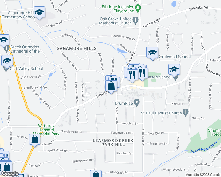 map of restaurants, bars, coffee shops, grocery stores, and more near 1500 Davis Oaks Way in Decatur