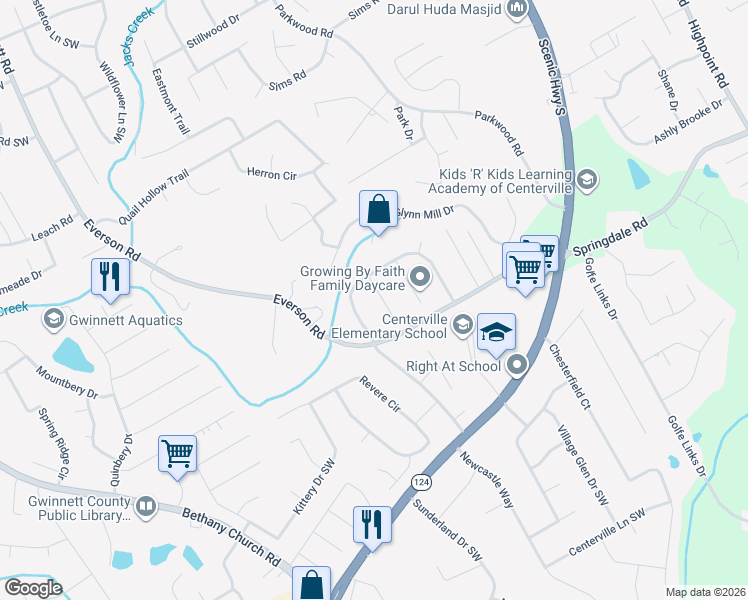 map of restaurants, bars, coffee shops, grocery stores, and more near 2929 Trotters Crest Drive in Snellville