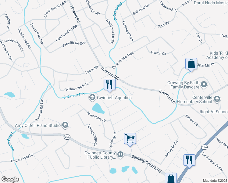 map of restaurants, bars, coffee shops, grocery stores, and more near 2812 Esom Drive in Snellville