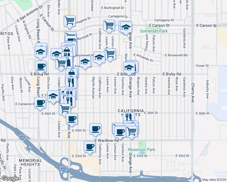 map of restaurants, bars, coffee shops, grocery stores, and more near 3711 Lemon Avenue in Long Beach