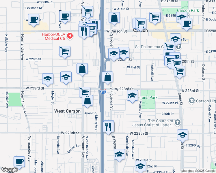 map of restaurants, bars, coffee shops, grocery stores, and more near 22235 South Figueroa Street in Carson