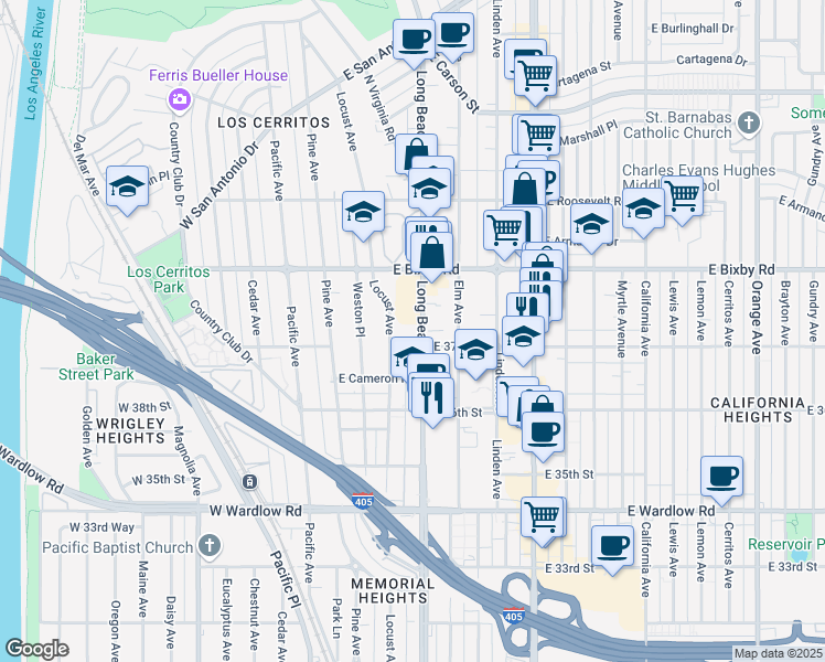 map of restaurants, bars, coffee shops, grocery stores, and more near 3737 Long Beach Boulevard in Long Beach