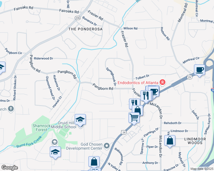 map of restaurants, bars, coffee shops, grocery stores, and more near 2942 Pangborn Road in Decatur