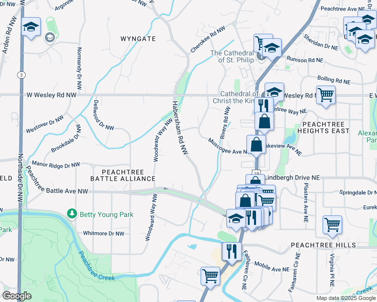 map of restaurants, bars, coffee shops, grocery stores, and more near 2583 Habersham Road Northwest in Atlanta