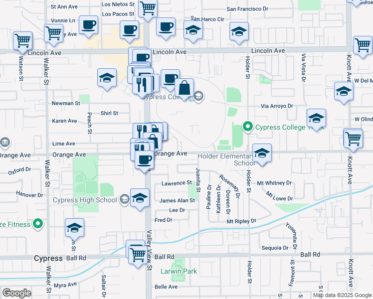 map of restaurants, bars, coffee shops, grocery stores, and more near 6191 Orange Avenue in Cypress