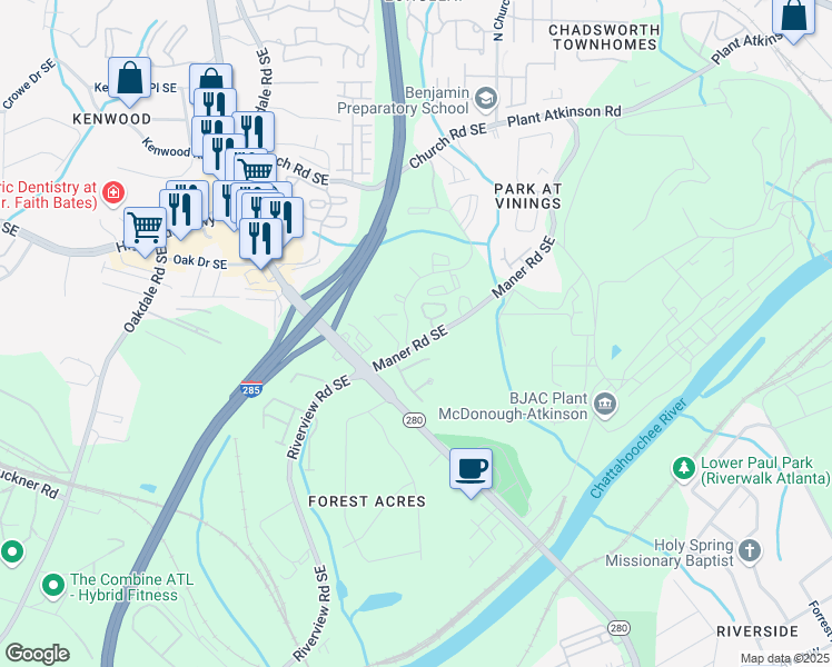 map of restaurants, bars, coffee shops, grocery stores, and more near 5285 Kershaw Court Southeast in Atlanta