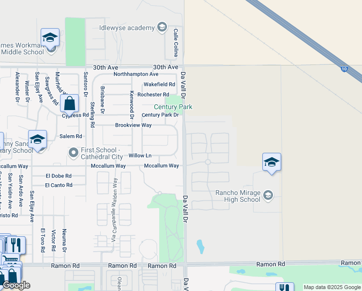 map of restaurants, bars, coffee shops, grocery stores, and more near 30798 Bloomsbury Lane in Cathedral City