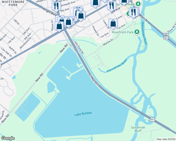 map of restaurants, bars, coffee shops, grocery stores, and more near East Highway 501 in Conway