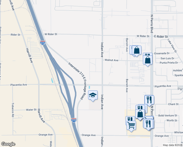 map of restaurants, bars, coffee shops, grocery stores, and more near 485 Hagan Lane in Perris