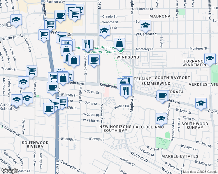 map of restaurants, bars, coffee shops, grocery stores, and more near 3220 Sepulveda Boulevard in Torrance