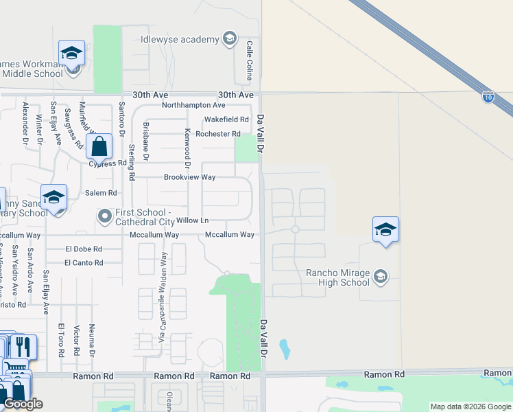map of restaurants, bars, coffee shops, grocery stores, and more near 30798 Bloomsbury Lane in Cathedral City