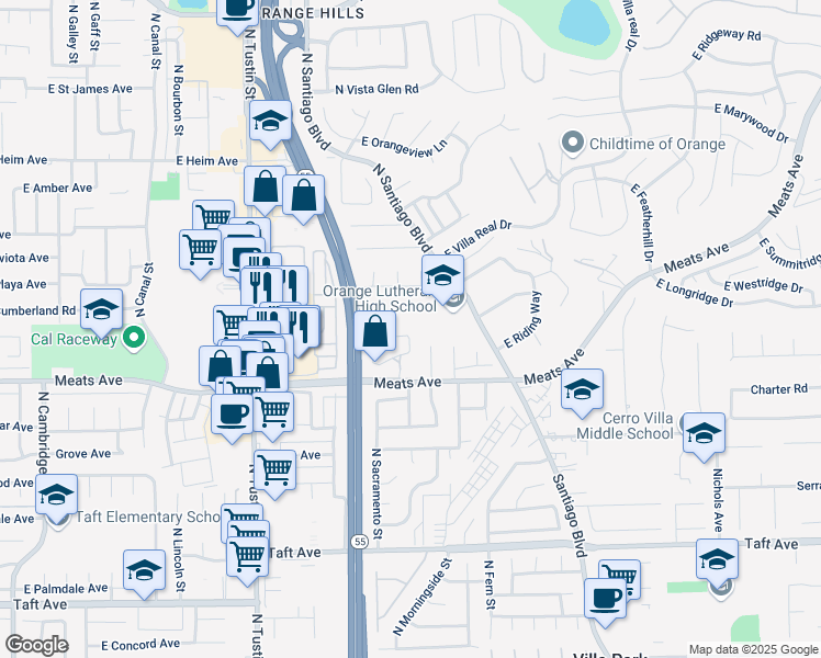 map of restaurants, bars, coffee shops, grocery stores, and more near 2172 North Pami Circle in Orange