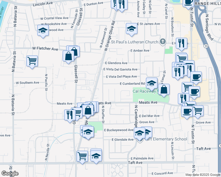 map of restaurants, bars, coffee shops, grocery stores, and more near 616 East Cumberland Road in Orange