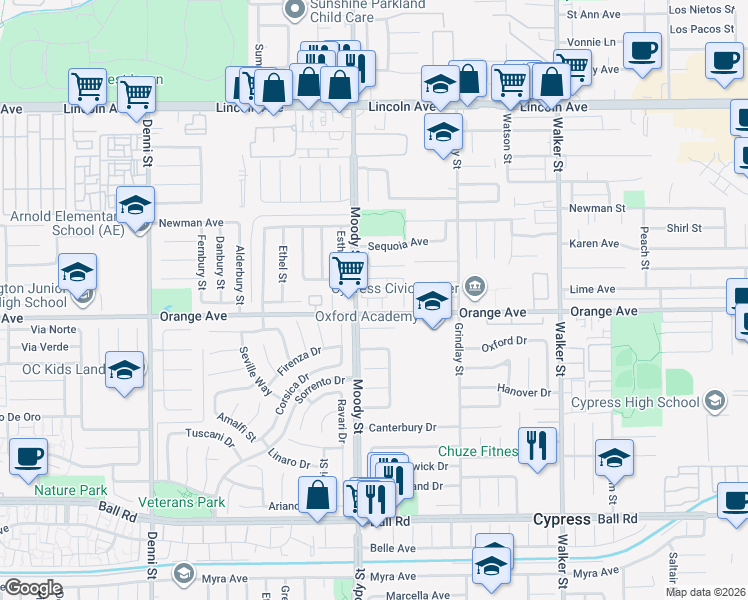 map of restaurants, bars, coffee shops, grocery stores, and more near 6007 Clementine Lane in Cypress