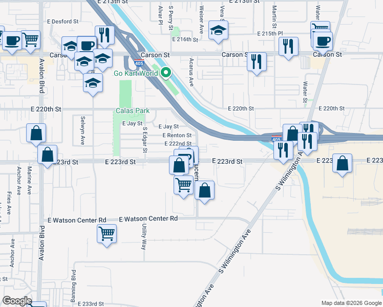 map of restaurants, bars, coffee shops, grocery stores, and more near 1250 East 222nd Street in Carson