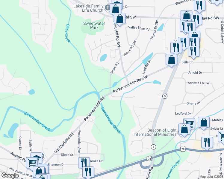 map of restaurants, bars, coffee shops, grocery stores, and more near 2334 Perkerson Mill Road Southwest in Austell