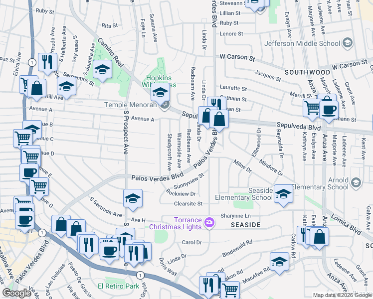 map of restaurants, bars, coffee shops, grocery stores, and more near 22415 Redbeam Avenue in Torrance