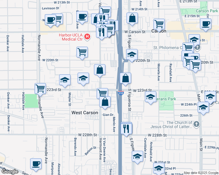 map of restaurants, bars, coffee shops, grocery stores, and more near 22232 South Vermont Avenue in Torrance