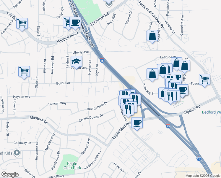 map of restaurants, bars, coffee shops, grocery stores, and more near 20430 Corona Street in Corona