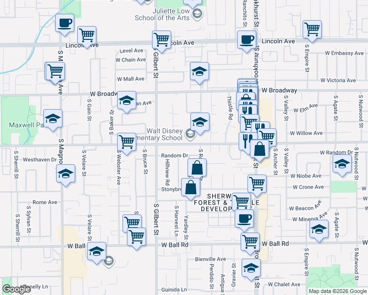 map of restaurants, bars, coffee shops, grocery stores, and more near 9672 West Orange Avenue in Anaheim