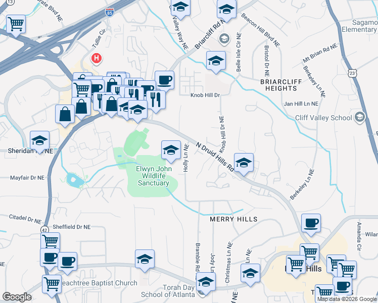 map of restaurants, bars, coffee shops, grocery stores, and more near 1512 Woodbridge Way Northeast in Atlanta