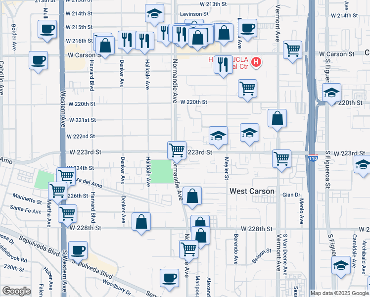 map of restaurants, bars, coffee shops, grocery stores, and more near 1229 West 223rd Street in Torrance