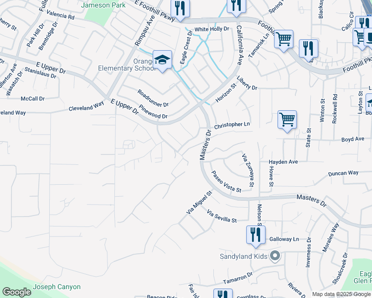 map of restaurants, bars, coffee shops, grocery stores, and more near 3675 Sunmeadow Street in Corona